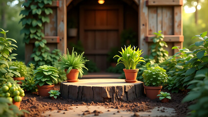 Fototapeta premium Old wooden house with vibrant flowers adorning its window and a charming garden