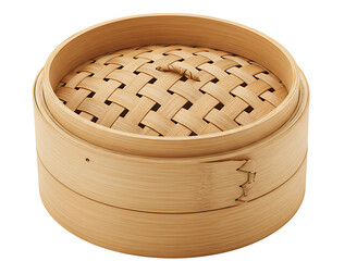 Round bamboo steamer basket isolated on transparent background