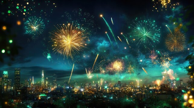 Golden and emerald fireworks exploding over a city skyline, retro New Year's theme