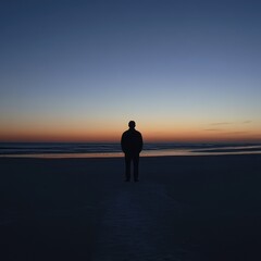 3. Silhouette of someone standing on a deserted beach at dusk. 