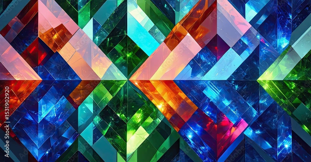 Poster fractal geometry creates vibrant, colorful mosaic. complex patterns repeat, forming symmetrical desi