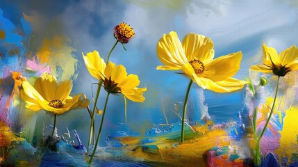 Floral study of yellow cosmos using mixed media, watercolor and photography merged