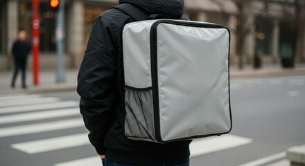 Person with a large grey delivery backpack stands near a crosswalk in an urban setting. Represents modern logistics, gig economy, and urban deliver...