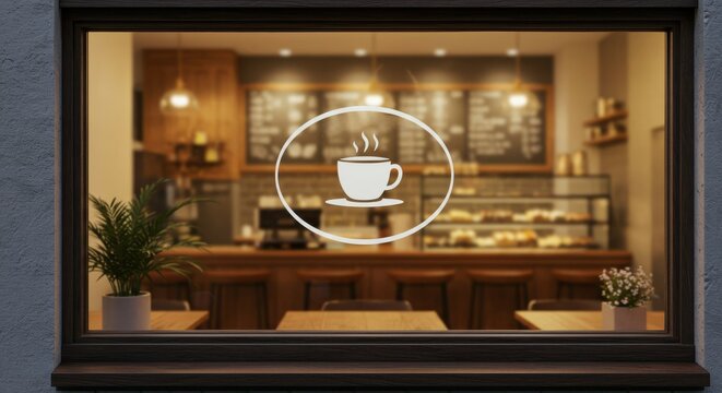 View through a cafe window featuring a coffee cup icon. Inside, a cozy interior with tables, chairs, counter, and pastries creates a warm, inviting...