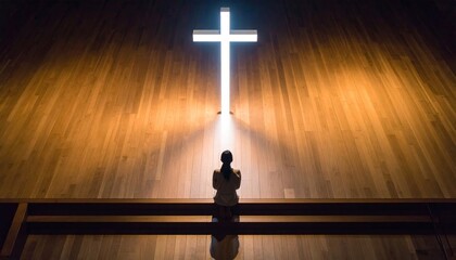 Woman praying in church facing illuminated cross on a wooden wall