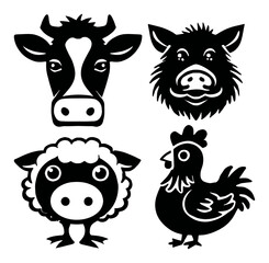Cartoon Silhouette Illustrations of Farm Animals in Black and White Style