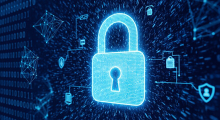 Glowing Digital Lock Symbolized Data Security Over Binary Code Background