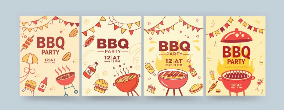 Flat Design BBQ Party Flyer Set with Grilled Food Icons, Bunting Flags, and Summer Elements – Fun Vintage Style Barbecue Invitation Posters for Outdoor Picnic Events