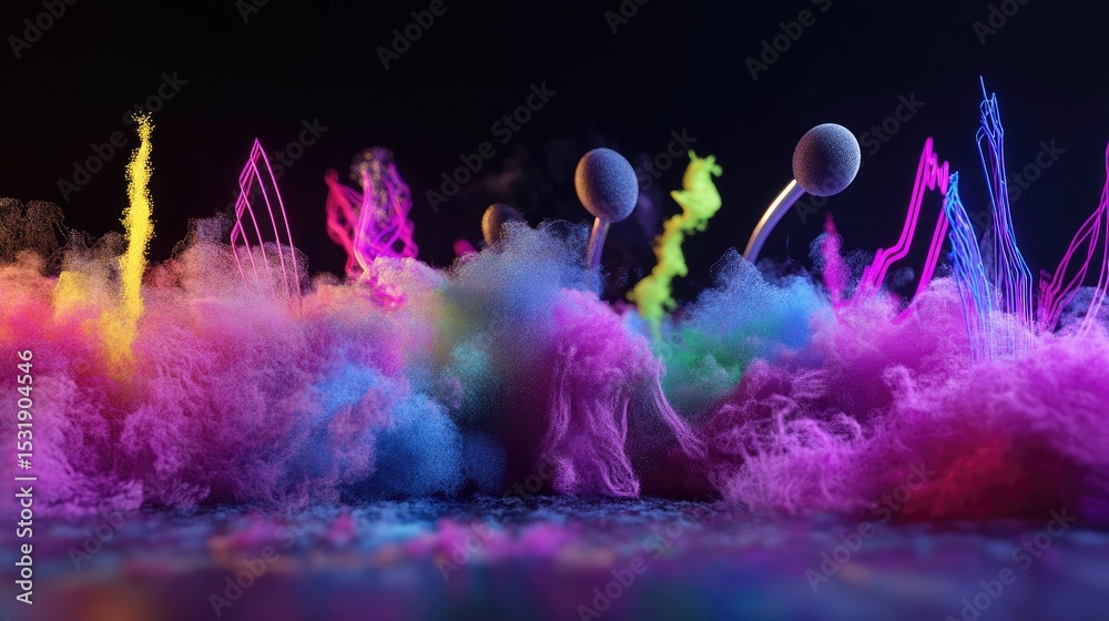 Poster digital music concept with neon glow, abstract waveforms, and floating smoky particles