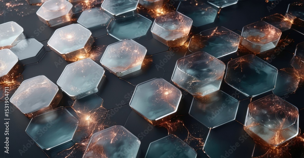 Aufkleber hexagonal cells glow, emitting sparks. dark background emphasizes crystalline structures, creating f