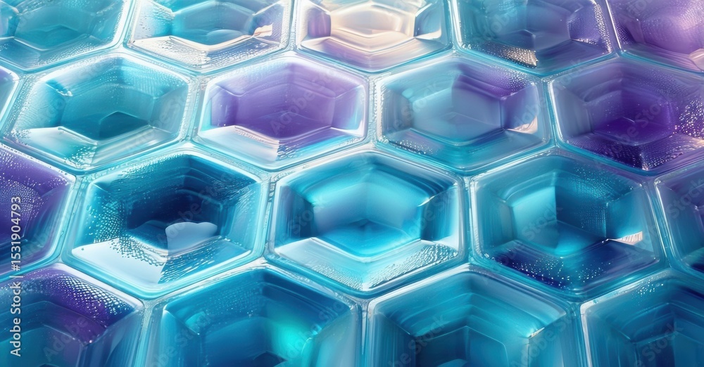 Poster Hexagonal pattern dominates image. Blue, purple hues create abstract texture. Light reflects off surfaces, forming geometric shapes.