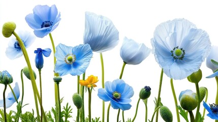 Delicate blue flowers in watercolor style, including poppies and summer anemones
