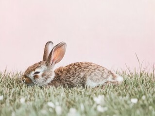 Fototapeta premium A rabbit stretched out in the grass, enjoying the sun, isolated on a soft pastel pink background