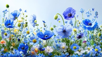 Delicate blue flowers in watercolor style, including poppies and summer anemones
