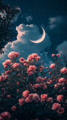 Clouds moon and pink roses landscape illustration poster background