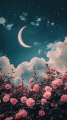 Clouds moon and pink roses landscape illustration poster background