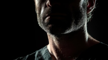Shadowy portrait of male doctor in black scrubs, only face illuminated.