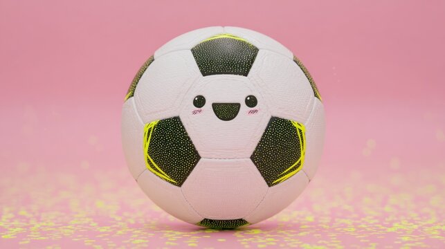 Cute cartoon soccer ball on pink background - Powered by Adobe