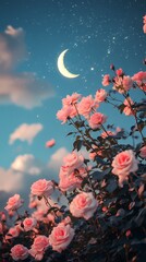 Clouds moon and pink roses landscape illustration poster background