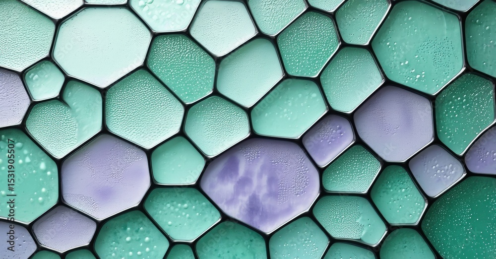 Poster abstract macro view, hexagonal cells. teal, lavender hues dominate composition. bubbles create inter