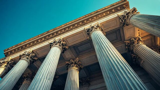 Majestic columns of a historic building under blue sky