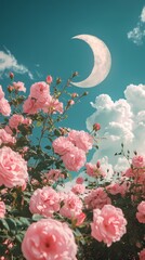 Clouds moon and pink roses landscape illustration poster background