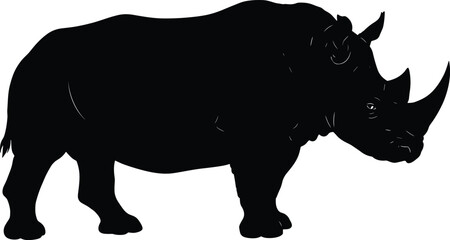 Black silhouette vector illustration of a rhinoceros isolated on white background, wildlife safari animal, endangered species, African horned mammal graphic design artwork
