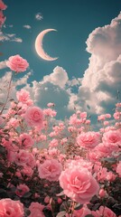 Clouds moon and pink roses landscape illustration poster background