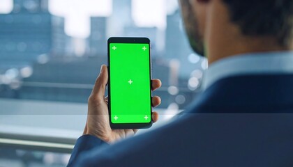 Businessman views a green screen smartphone