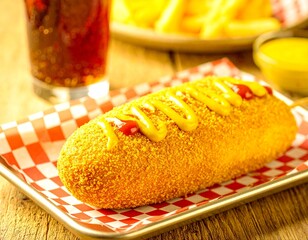 Corn dog z musztardą i ketchupem, podany na metalowej tacy z papierem w kratkę