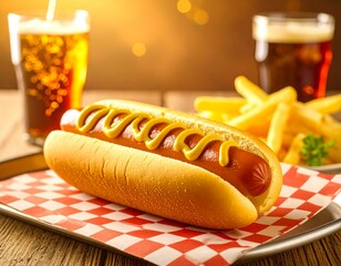Corn dog z musztardą i ketchupem, podany na metalowej tacy z papierem w kratkę
