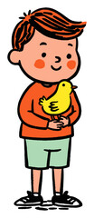 Happy Boy Holding a Small Yellow Chick in Bright Colorful Style
