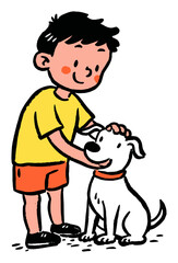 Happy Boy Petting Loyal Dog in Illustrative Flat Vector Style