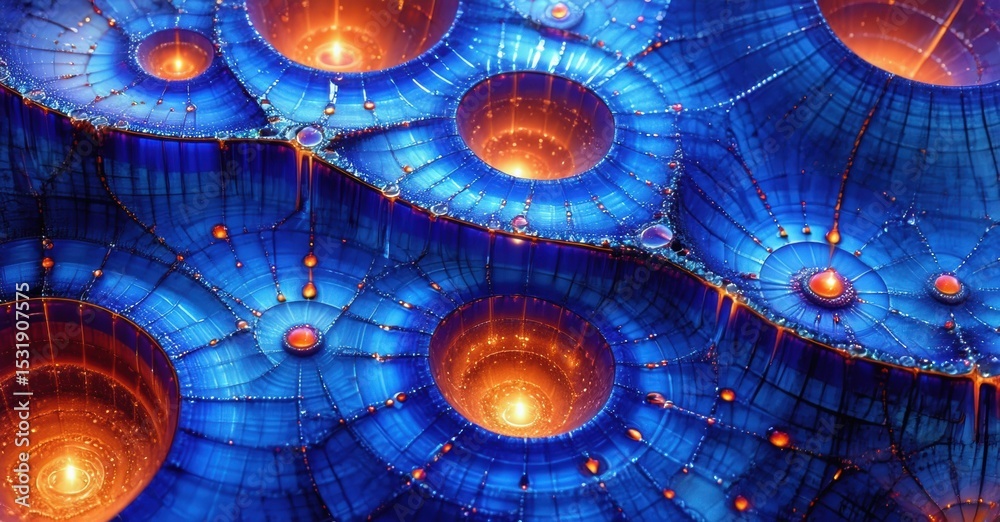 Poster Intricate fractal pattern. Blue, orange hues create mesmerizing honeycomb structure. Complex details, digital art.