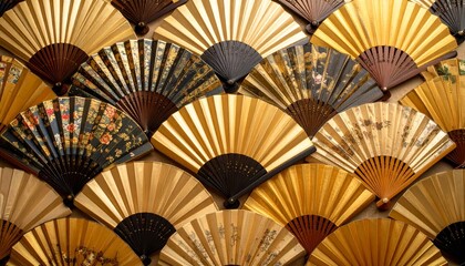 Elegant arrangement of chinese silk fans in gold, brown and black colors