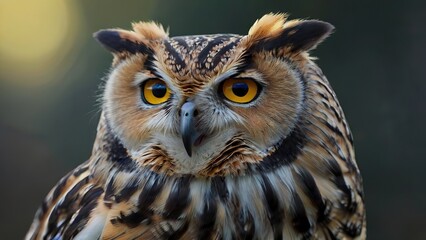 Great horned owl with piercing yellow eyes and detailed feather patterns in close-up portrait - stunning nocturnal bird of prey photography