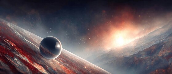 Cosmic planet with ring and distant sun