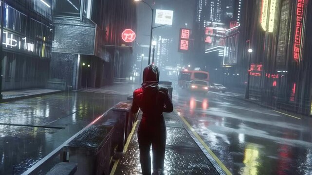 Hooded cyberpunk female assassin walking through rain soaked futuristic cityscape, neon lights reflecting on wet streets as traffic passes in dark urban night scene