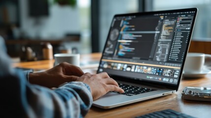Web designer coding layout and styling website interface on laptop.