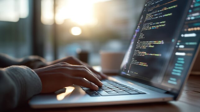 Web designer coding layout and styling website interface on laptop.