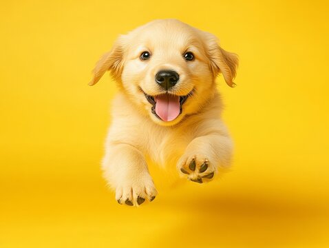 A golden retriever puppy bouncing with excitement, tongue out, isolated on a bright yellow background