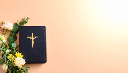 Elegant Still Life with Bible and Floral Adornments for Spiritual Reflection