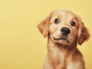 A golden retriever puppy with a puzzled expression, isolated on a muted yellow background