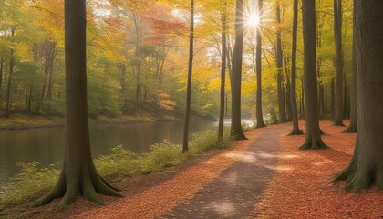  Enchanting autumn forest path with golden sunlight streaming through colorful fall foliage and tall trees - magical woodland nature scene