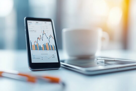 A smartphone displaying financial charts and graphs, placed on a desk with a blurred coffee cup and pen in the background.