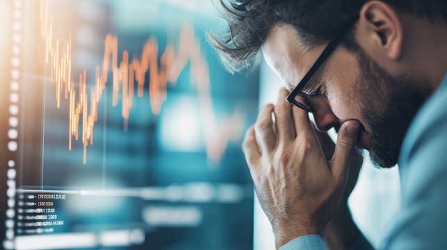 A man in glasses appears stressed while analyzing fluctuating financial data on a screen, indicating pressure in a business or trading environment.