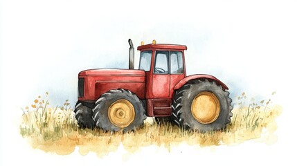 Obraz premium A red tractor stands in a field of tall grass and wildflowers, depicted in a watercolor style with soft colors and delicate details.