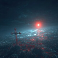 Dark, ominous landscape with cross
