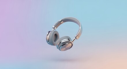 Floating gray headphones with silver accents on a pastel gradient background
