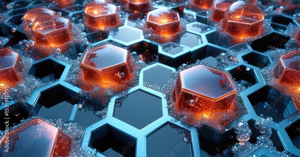 Poster hexagonal grid. glowing orange cubes float above blue cells. water droplets surround structures. dar